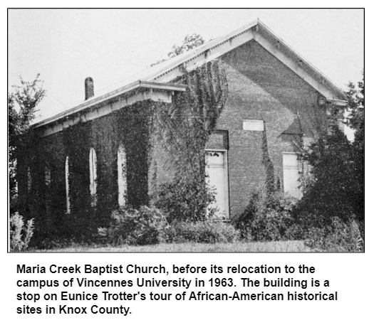 Maria Creek Baptist Church, before its relocation to the campus of Vincennes University in 1963. The building is a stop on Eunice Trotter's tour of African-American historical sites in Knox County.