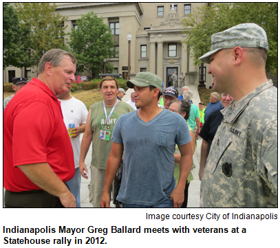 Indianapolis Mayor Greg Ballard meets with veterans at a Statehouse rally in 2012. Image courtesy city of Indianapolis.