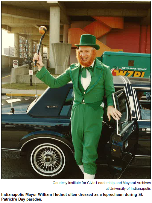 Indianapolis Mayor William Hudnut often dressed as a leprechaun during St. Patrick's Day parades. Courtesy Institute for Civic Leadership and Mayoral Archives at University of Indianapolis.