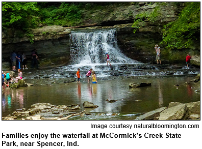 Families enjoy the waterfall at McCormick's Creek State Park, near Spencer, Indiana. Image courtesy naturalbloomington.com.