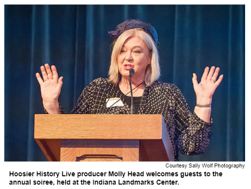 Hoosier History Live producer Molly Head welcomes guests to the annual soiree, held at the Indiana Landmarks Center. Courtesy Sally Wolf Photography.