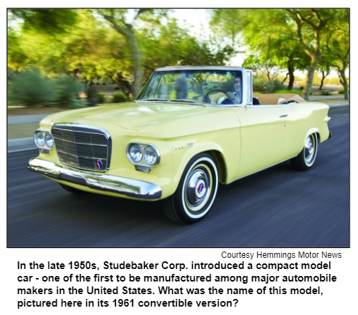 In the late 1950s, Studebaker Corp. introduced a compact model car - one of the first to be manufactured among major automobile makers in the United States. What was the name of this model, pictured here in its 1961 convertible version? Courtesy Hemmings Motor News.