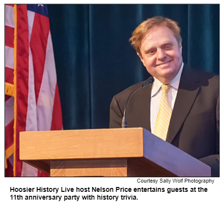 Hoosier History Live host Nelson Price entertains guests at the 11th anniversary party with history trivia. Courtesy Sally Wolf Photography.