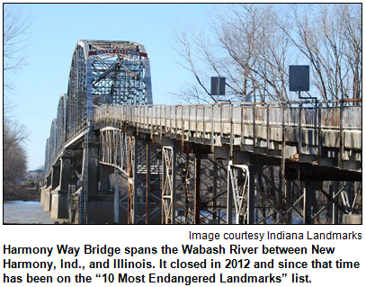 Harmony Way Bridge spans the Wabash River between New Harmony, Ind., and Illinois. It closed in 2012 and since that time has been on the “10 Most Endangered Landmarks” list. Image courtesy Indiana Landmarks.