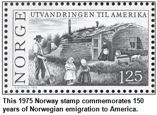 This 1975 Norway stamp commemorates 150 years of Norwegian emigration to America.