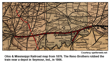 Ohio & Mississippi Railroad map from 1876. The Reno Brothers robbed the train near a depot in Seymour, Ind., in 1866.  
Courtesy spellerweb.net.