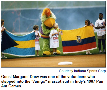 Pan Am Games 1987 mascot "Amigo" entertains children.