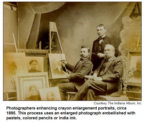 Photographers enhancing crayon enlargement portraits, circa 1895. This process uses an enlarged photograph embellished with pastels, colored pencils or India ink. Courtesy The Indiana Album, Inc.