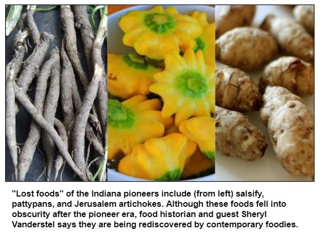 "Lost foods" of the Indiana pioneers include (from left) salsify, pattypans, and Jerusalem artichokes. Although these foods fell into obscurity after the pioneer era, food historian and guest Sheryl Vanderstel says they are being rediscovered by contemporary foodies.