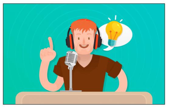 Graphic of a man at a microphone; he has a thought bubble with a lightbulb in it.