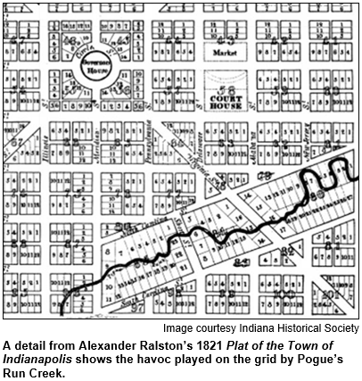 A detail from Alexander Ralston's 1821 Plat of the Town of Indianapolis shows the havoc played on the grid by Pogue's Run Creek. Image courtesy Indiana Historical Society.