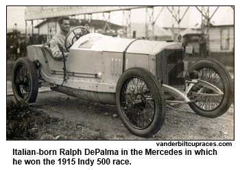 Italian-born Ralph DePalma in the Mercedes in which he won the 1915 Indy 500 race.
courtesy vanderbiltcupraces.com