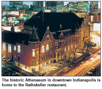 Aerial view of the historic Athenaeum building in downtown Indianapolis, home to the Rathskeller restaurant.