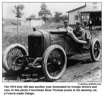The 1914 Indy 500 was another year dominated by foreign drivers and cars. In this photo Frenchman Rene Thomas poses in his winning car, a French-made Delage.
Courtesy pddnet.com