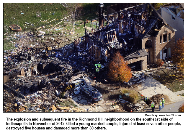 The explosion and subsequent fire in the Richmond Hill neighborhood on the southeast side of Indianapolis in November of 2012 killed a young married couple, injured at least seven other people, destroyed five houses and damaged more than 80 others.
Courtesy www.fox59.com