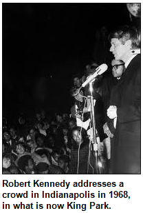 RFK addresses the crowd near 16th and College in what is now King Park. 