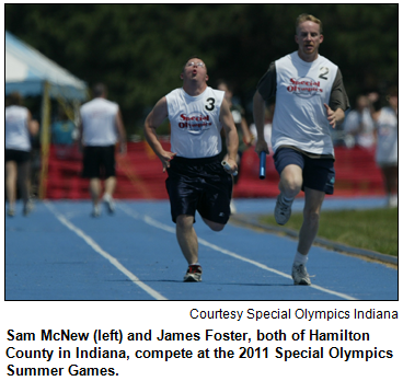 Sam McNew (left) and James Foster, both of Hamilton County in Indiana, compete at the 2011 Special Olympics Summer Games. Courtesy Special Olympics Indiana.