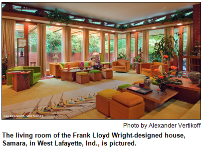 The living room of the Frank Lloyd Wright-designed house, Samara, in West Lafayette, Ind., is pictured. Photo by Alexander Vertikoff.