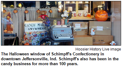 The Halloween window of Schimpff's Confectionery in downtown Jeffersonville, Ind. Schimpff's also has been in the candy business for more than 100 years. Hoosier History Live photo.