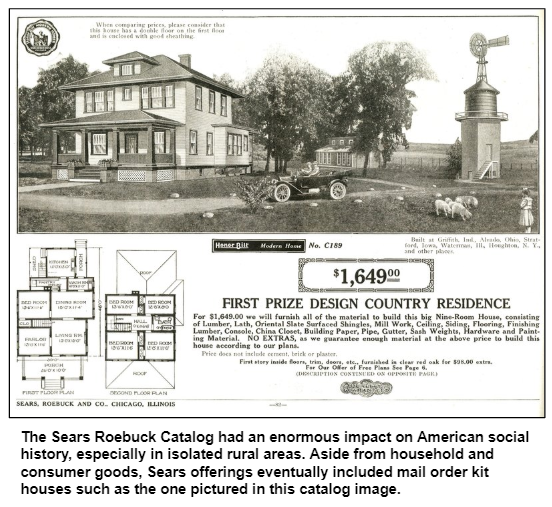 The Sears Roebuck Catalog had an enormous impact on Americna social history, especially in isolated rural areas. 