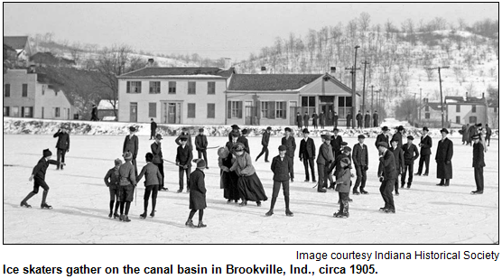 Ice skaters gather on the canal basin in Brookville, Ind., circa 1905. Image courtesy Indiana Historical Society.