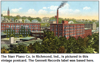 The Starr Piano Co. in Richmond, Ind., is pictured in this vintage postcard. The Gennett Records label was based here.