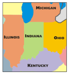 Map of midwestern states that border Indiana: Michigan, Ohio, Kentucky and Illinois.