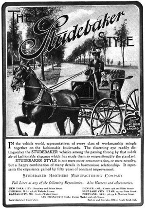 Studebaker poster featuring horse-drawn carriage.