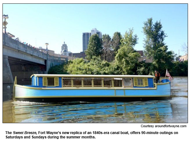 The Sweet Breeze, Fort Wayne’s new replica of an 1840s-era canal boat, offers 90-minute outings on Saturdays and Sundays during the summer months.