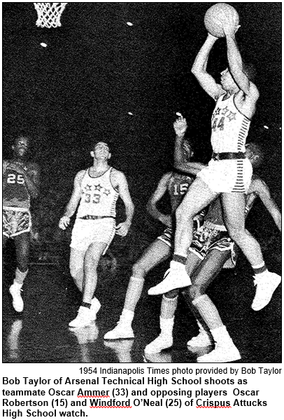 Bob Taylor of Arsenal Technical High School shoots as teammate Oscar Ammer (33) and opposing players  Oscar Robertson (15) and Windford O’Neal (25) of Crispus Attucks High School watch. 1954 Indianapolis Times photo provided by Bob Taylor.