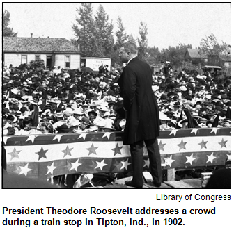 President Theodore Roosevelt addresses a crowd during a train stop in Tipton, Ind., in 1902.
