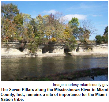 The Seven Pillars along the Mississinewa River in Miami County, Ind., remains a site of importance for the Miami Nation tribe. Image courtesy miamicounty.gov.