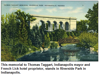This memorial to Thomas Taggart, Indianapolis mayor and French Lick hotel proprietor, stands in Riverside Park in Indianapolis.
