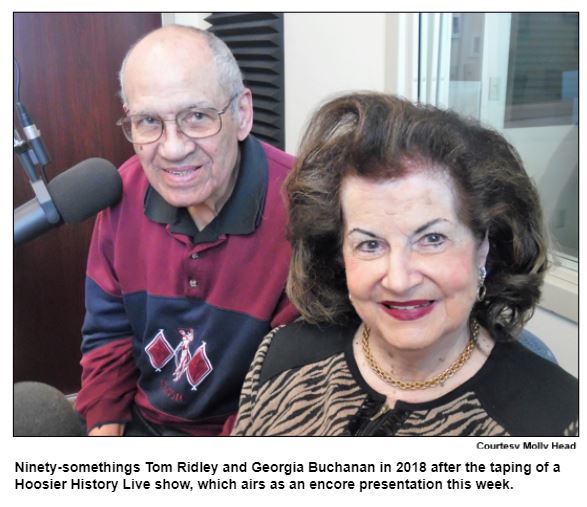 Ninety-somethings Tom Ridley and Georgia Buchanan in 2018 after the taping of a Hoosier History Live show, which airs as an encore presentation this week.