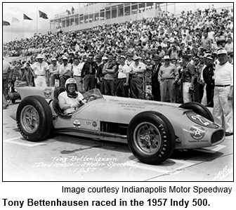 Tony Bettenhausen Sr. in his car at the Indianapolis Motor Speedway in 1957 with crowd behind him. Photo courtesy Indianapolis Motor Speedway.