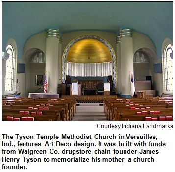 The Tyson Temple Methodist Church in Versailles, Ind., features Art Deco design. It was built with funds from Walgreen Co. drugstore chain founder James Henry Tyson to memorialize his mother, a church founder. Image courtesy Indiana Landmarks.