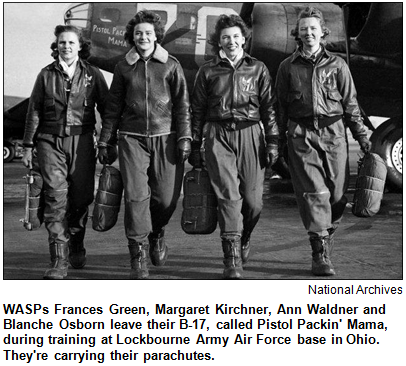 WASPs Frances Green, Margaret Kirchner, Ann Waldner and Blanche Osborn leave their B-17, called Pistol Packin' Mama, during training at Lockbourne Army Air Force base in Ohio. They're carrying their parachutes. Courtesy National Archives.