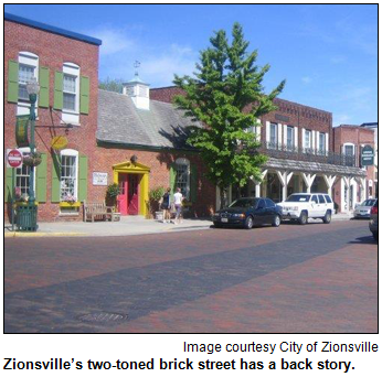 Zionsville, IN, brick street with two colors of brick. Image courtesy City of Zionsville.