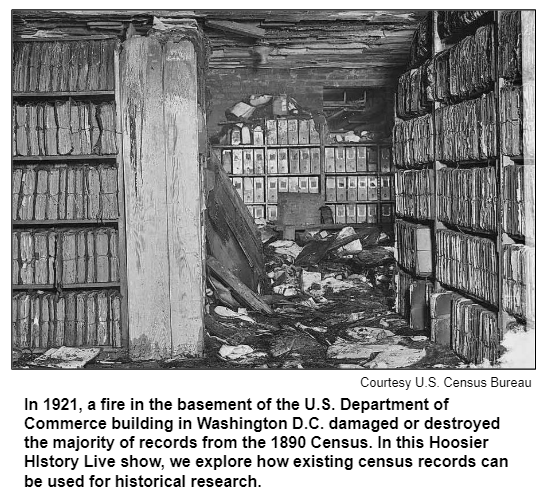 In 1921, a fire in the basement of the U.S. Department of Commerce building in Washington D.C. damaged or destroyed the majority of records from the 1890 Census. In this Hoosier HIstory Live show, we explore how existing census records can be used for historical research. Courtesy U.S. Census Bureau.