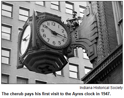 Cherub on clock at L.S. Ayres department store in Indianapolis in 1947. Image courtesy Indiana Historical Society.