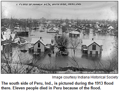The south side of Peru, Ind., is pictured during the 1913 flood there. Eleven people died in Peru because of the flood. Image courtesy Indiana Historical Society.