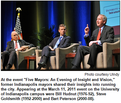 At the event "Five Mayors: An Evening of Insight and Vision," former Indianapolis mayors shared their insights into running the city. Appearing at the March 11, 2011 event on the University of Indianapolis campus were Bill Hudnut (1976-92), Steve Goldsmith (1992-2000) and Bart Peterson (2000-08). Photo courtesy University of Indianapolis.