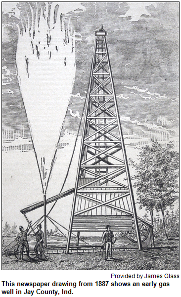This newspaper drawing from 1887 shows an early gas well in Jay County, Ind. Image provided by James Glass.