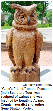 "Gene's Friend," on the Decatur (Ind.) Sculpture Tour, was sculpted of walnut and was inspired by longtime Adams County naturalist and author Gene Stratton-Porter. Image courtesy Terri Gorney.