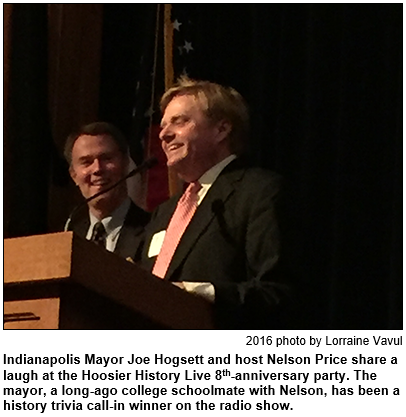 Indianapolis Mayor Joe Hogsett and host Nelson Price share a laugh at the Hoosier History Live 8th-anniversary party on Feb. 25, 2016. The mayor, a long-ago college schoolmate with Nelson, has been a history trivia call-in winner on the radio show. Photo by Lorraine Vavul.