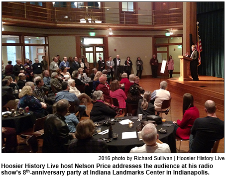 Hoosier History Live host Nelson Price addresses the audience at his radio show's 8th-anniversary party at Indiana Landmarks Center in Indianapolis.