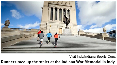 Runners ascend the stair at the Indiana War Memorial in Indianapolis. Image courtesy Visit Indy/Indiana Sports Corp.