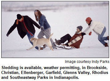 Friends and dog cavort with a sled in the snow in a park. Image courtesy Indy Parks.