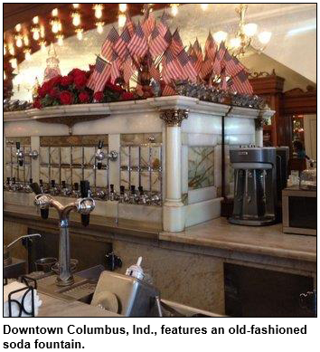 Downtown Columbus, Indiana, features an old-fashioned soda fountain.