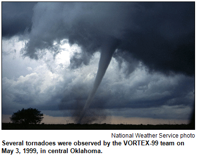 Several tornadoes were observed by the VORTEX-99 team on May 3, 1999, in central Oklahoma. National Weather Service photo.
